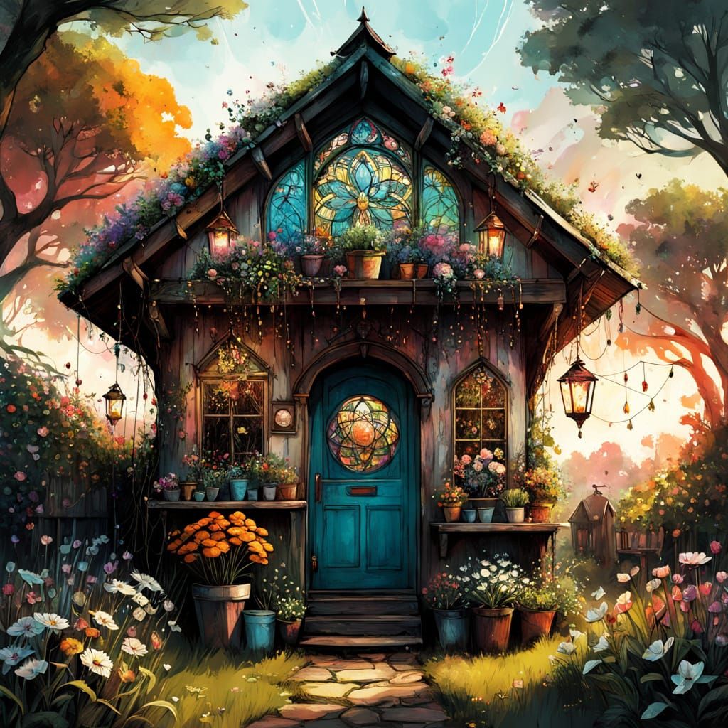 Whimsical Garden Shed in a Vibrant Summer Garden Scene