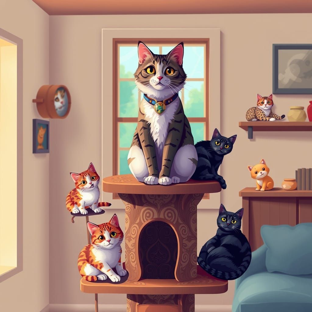 Cats in Harmony: Whimsical Feline Gathering in a Cozy Home