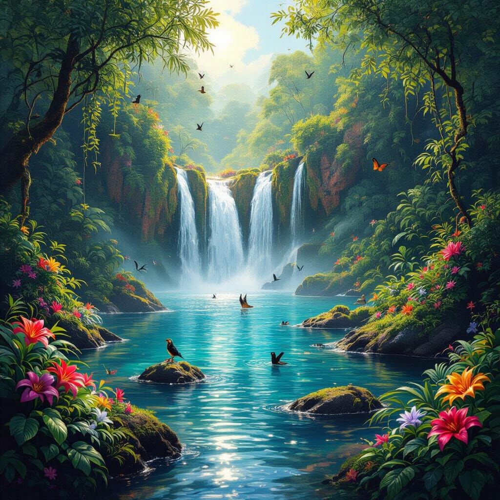 Majestic Nature Panel: Waterfall, Birds, and Butterflies