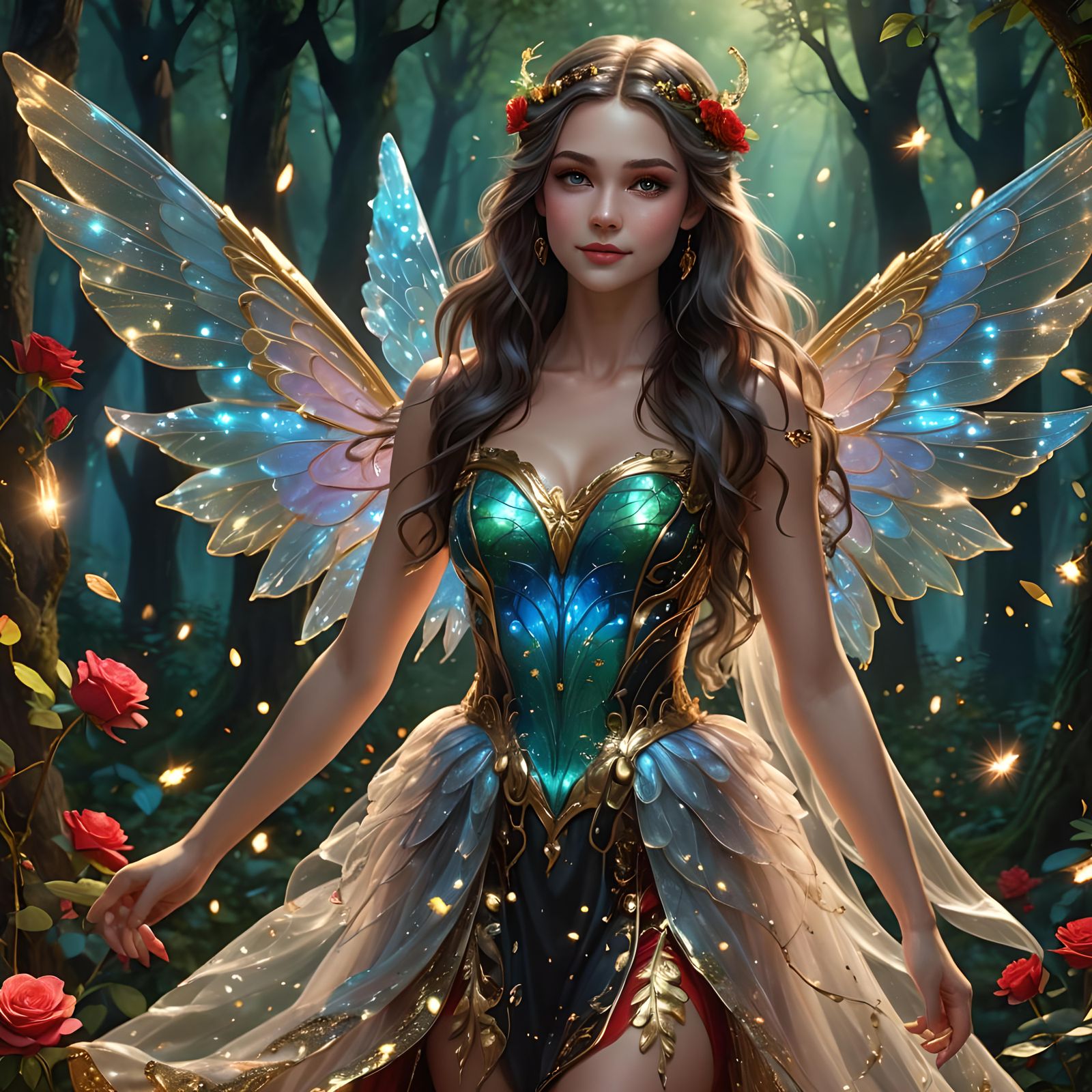 Beautiful Fairy with Neon Wings in Enchanted Forest