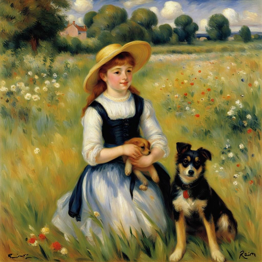Girl and Dog in Meadow: Impressionist Style