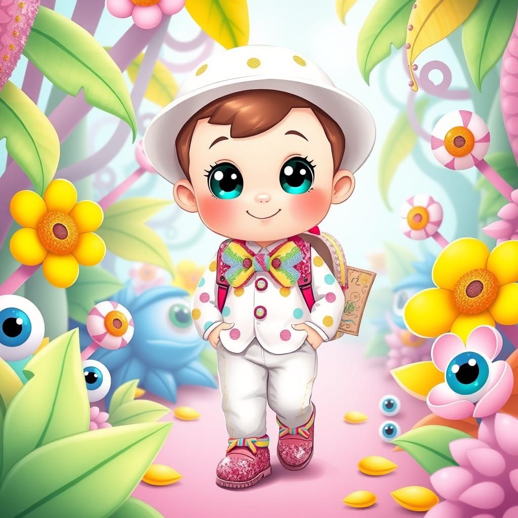 Kawaii Polka-Dot Boy's Whimsical Adventure in Pop Art Style