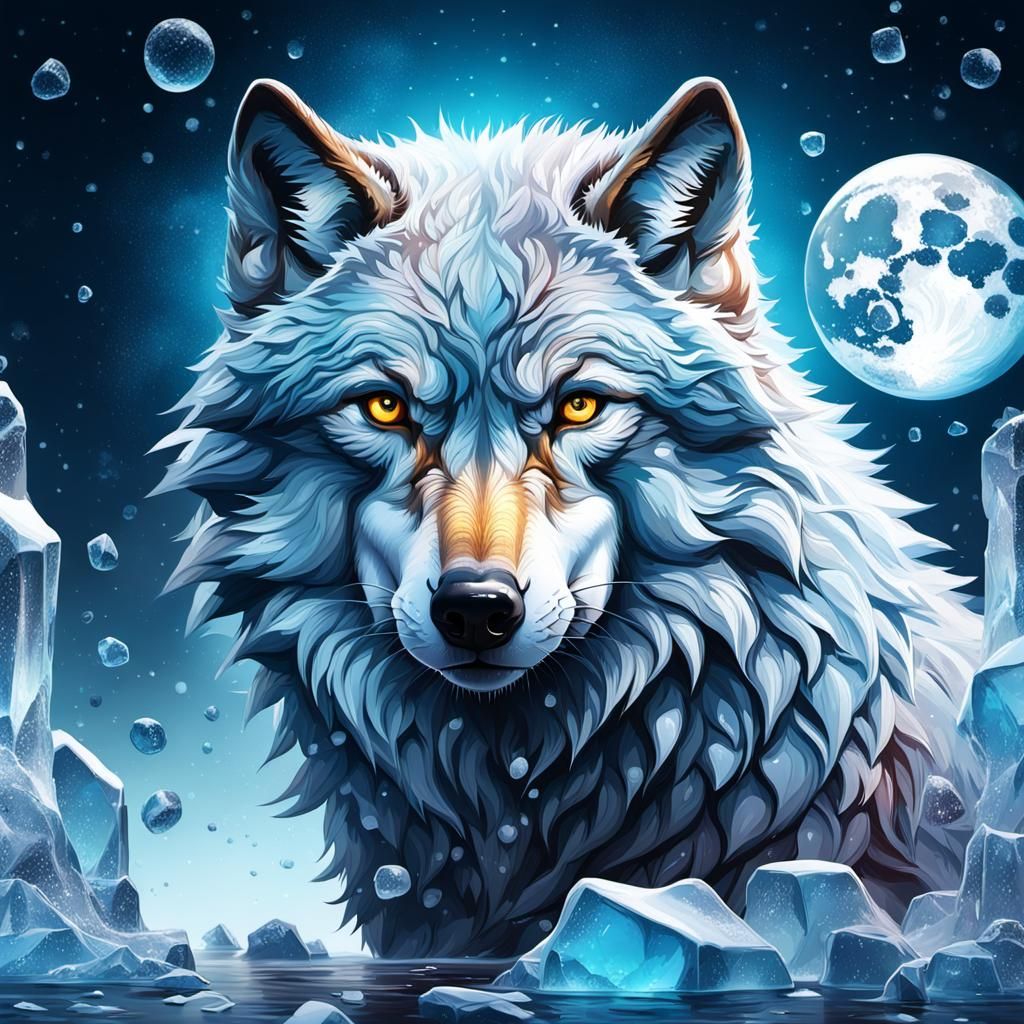 Hyperrealistic Wolf Moon in Winter Shine