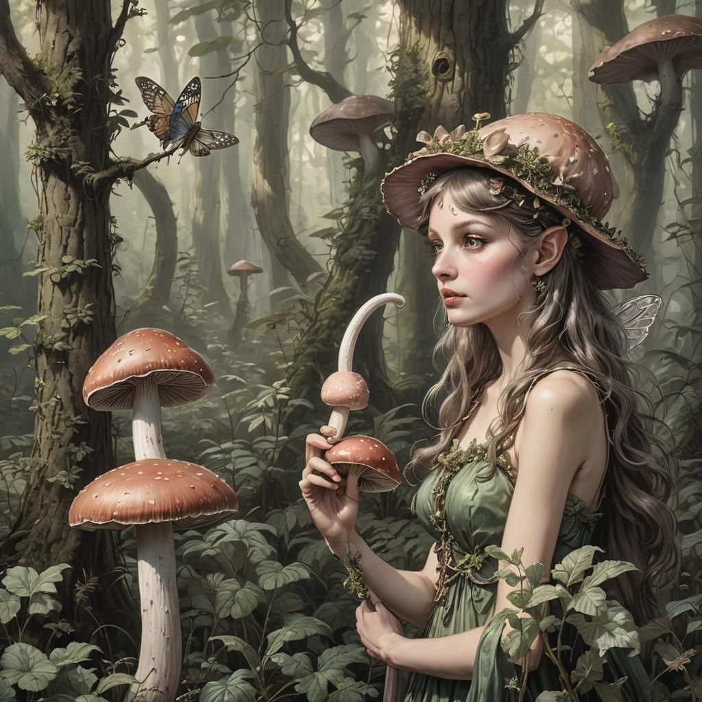 A fairy looking admiringly at a very phallic mushroom
