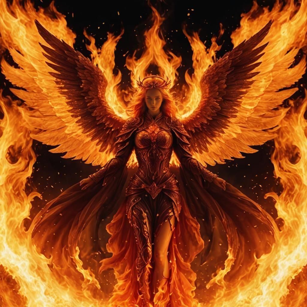 beautiful flaming angel made of fire, burning embers