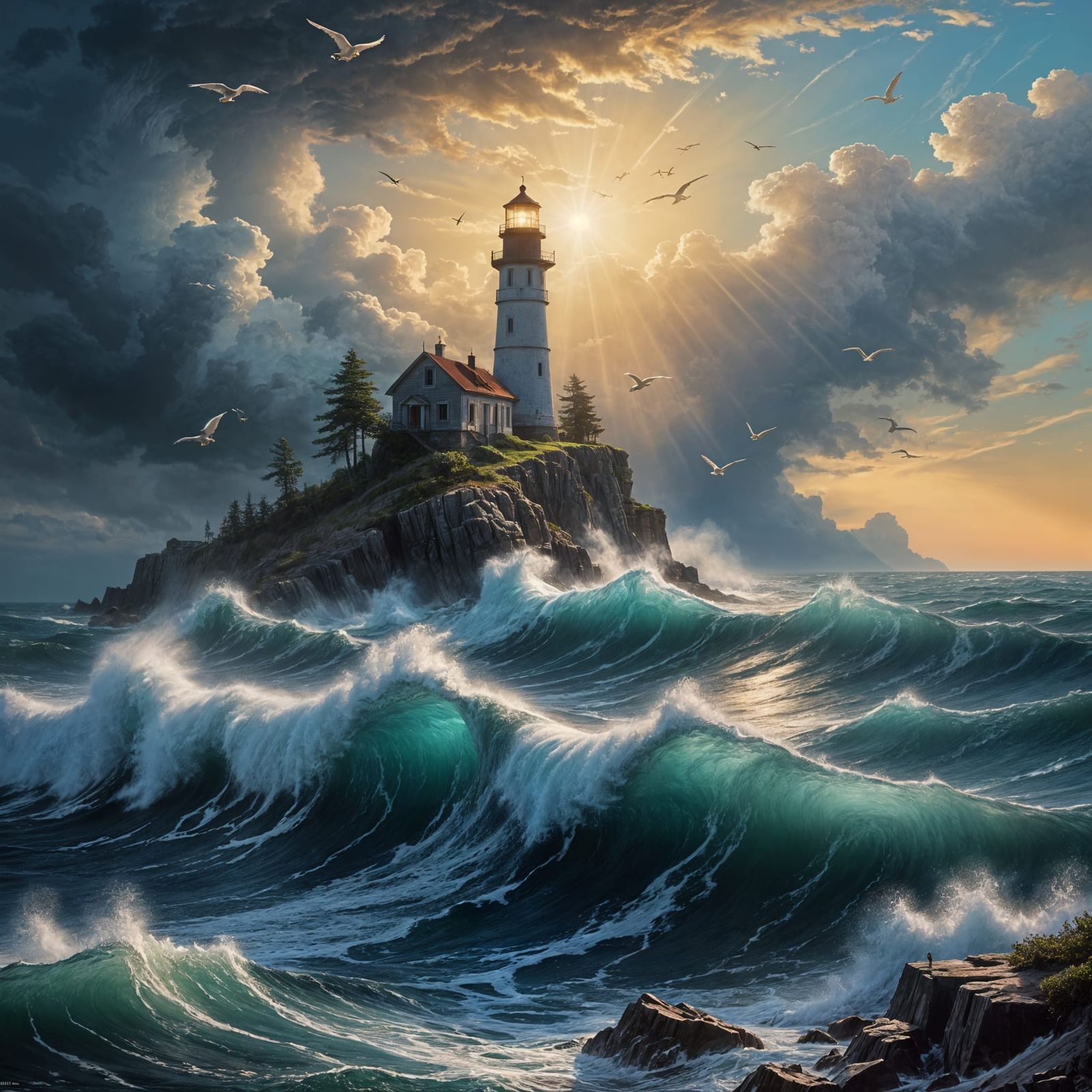 Majestic Oceanscape with Cresting Waves and Lighthouse