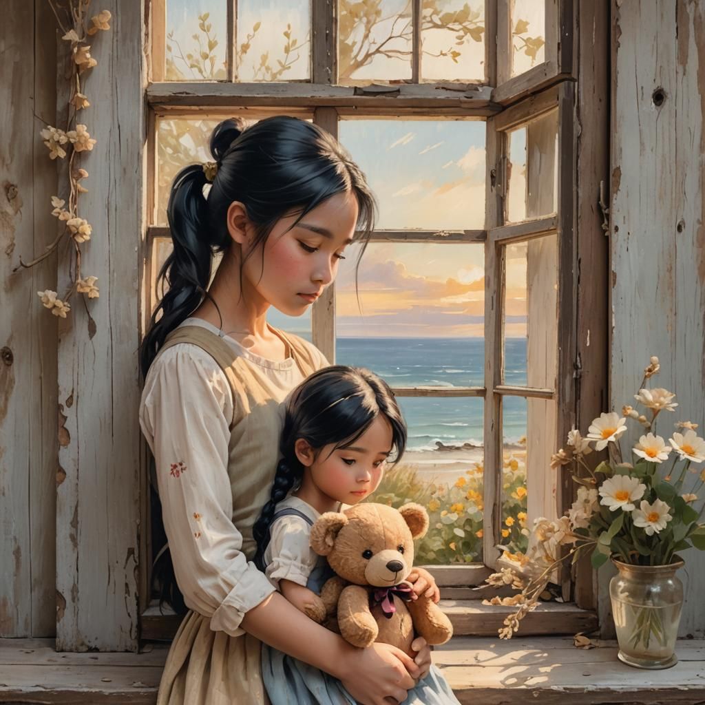 Girl with Teddy Bear at Window in Watercolor Style