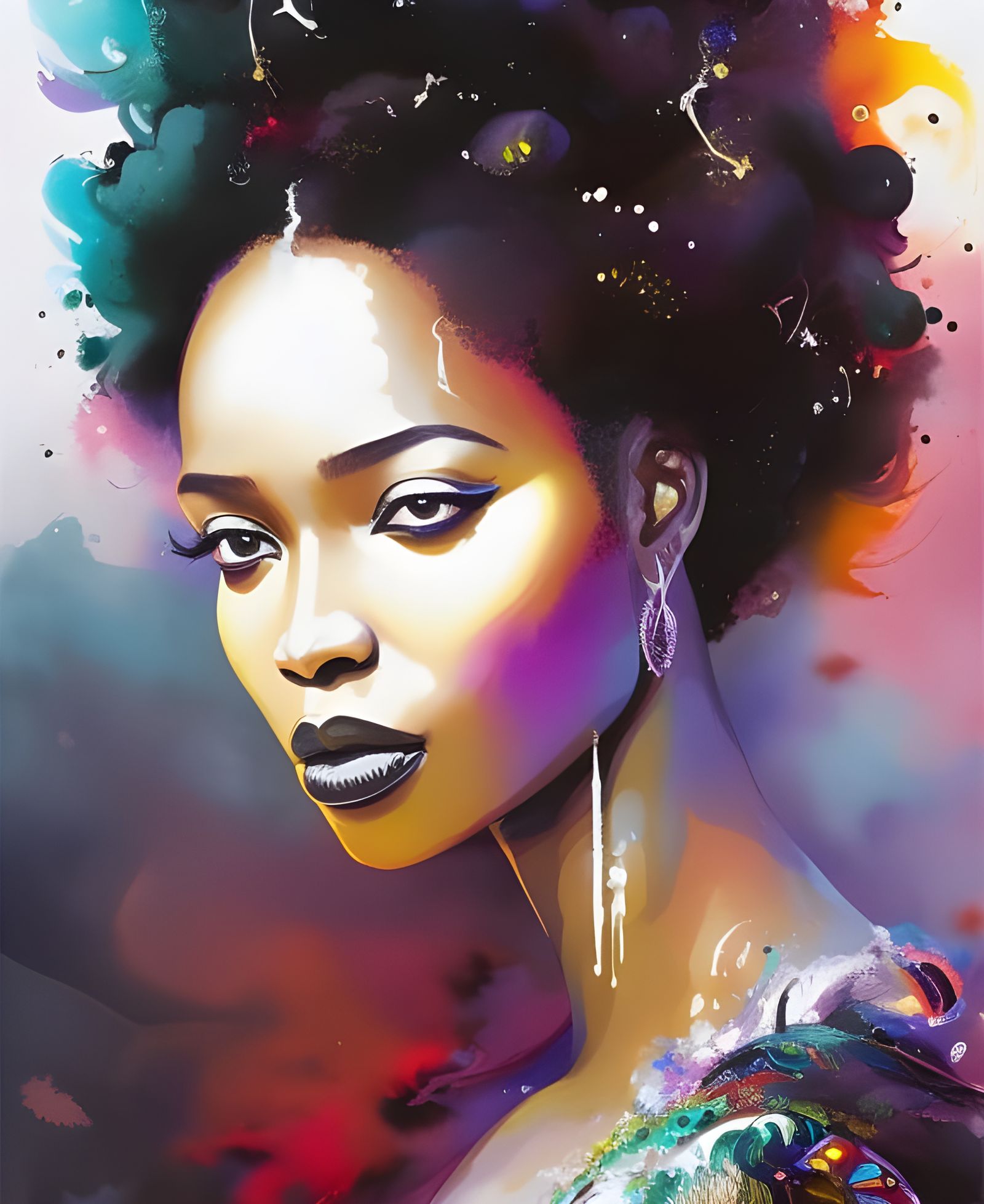 African Girl with Flowing Hair: Gouache and Watercolor Art