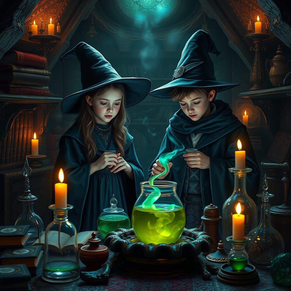 Mystical Potion Makers in a Whimsical Study