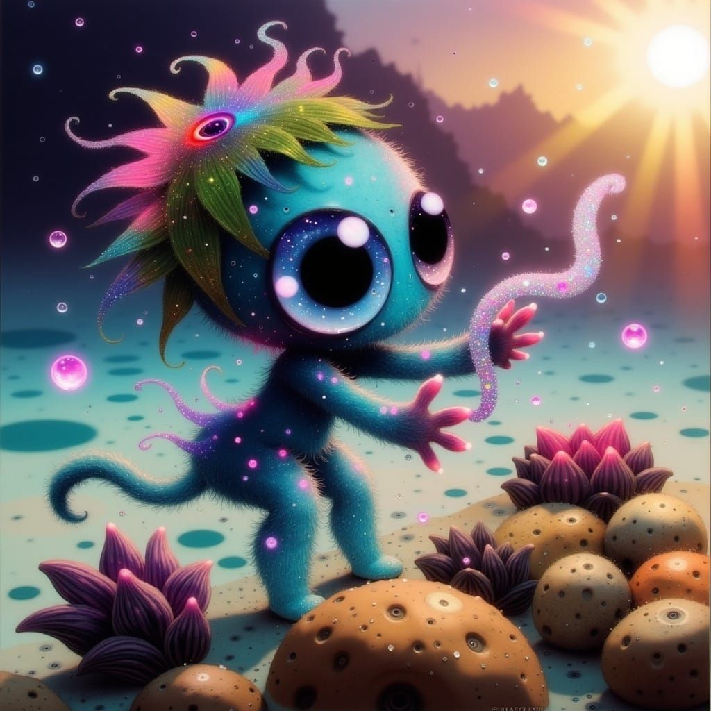 Whimsical Baby Octopus Reaches for Shimmering Sunbeams in Vi...