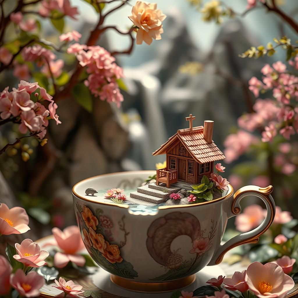 Origami Hut Beside Forest Waterfall Diorama