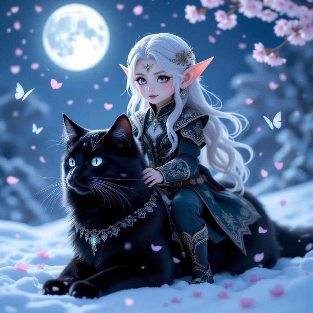 Elf Riding Majestic Black Cat Under Moonlight