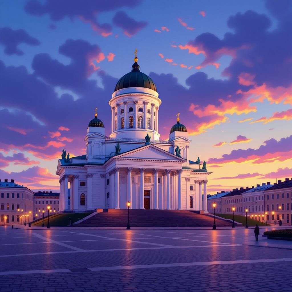 Helsinki Cathedral on Hill Overlooking City at Twilight