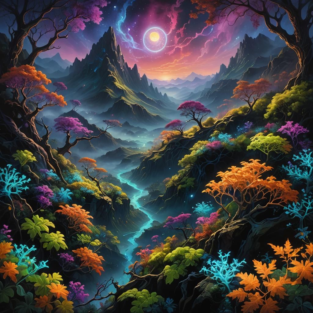 Bioluminescent Alien Landscape with Fractal Flora