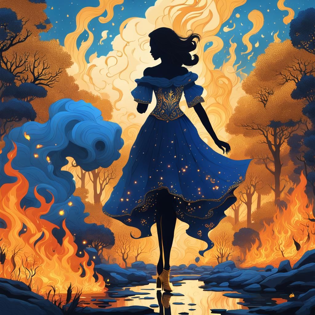 Fantasy Woman Silhouette in Firelight, Detailed Illustration