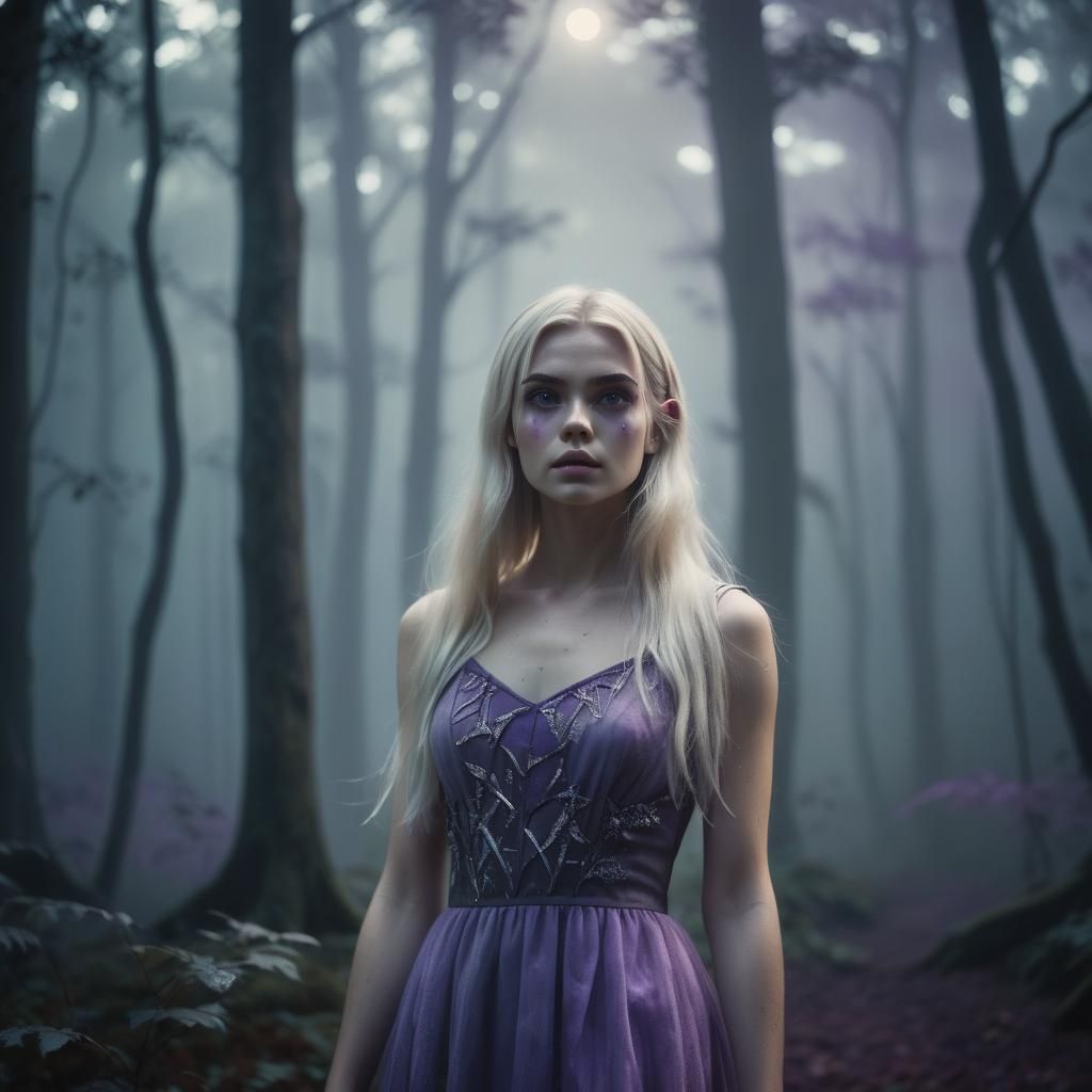 Elegant Girl in Misty Forest, Cinematic Film Still