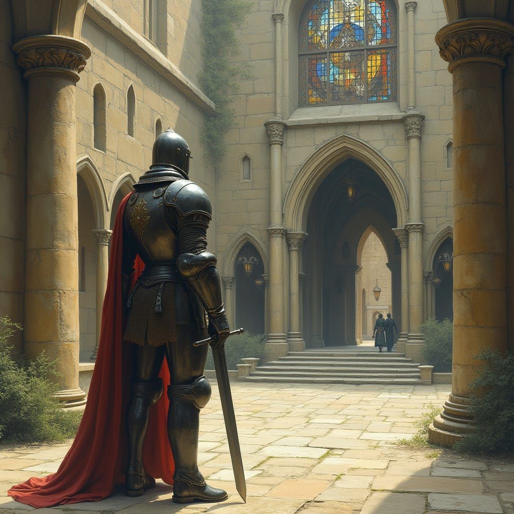 Knight in Castle Courtyard, Fantasy Art Style