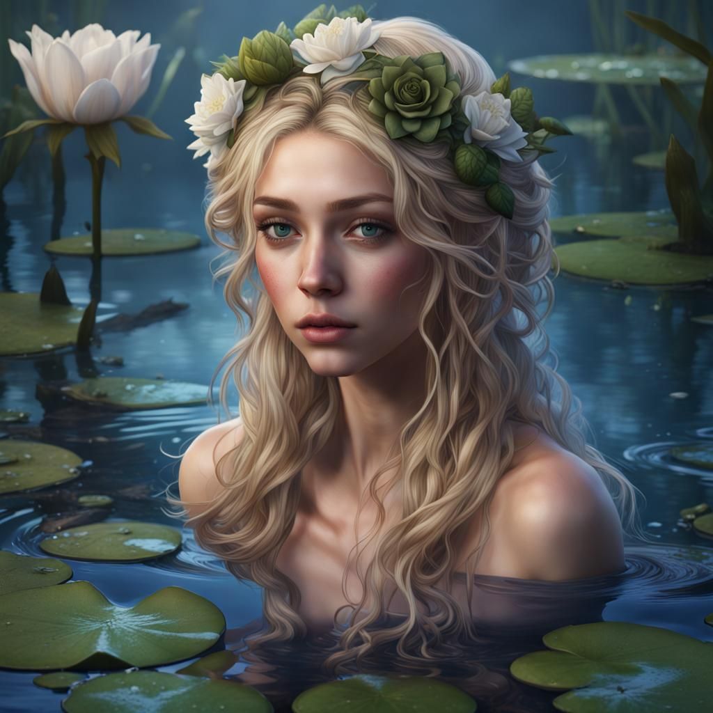 Blonde Girl in Pond with Blue Roses