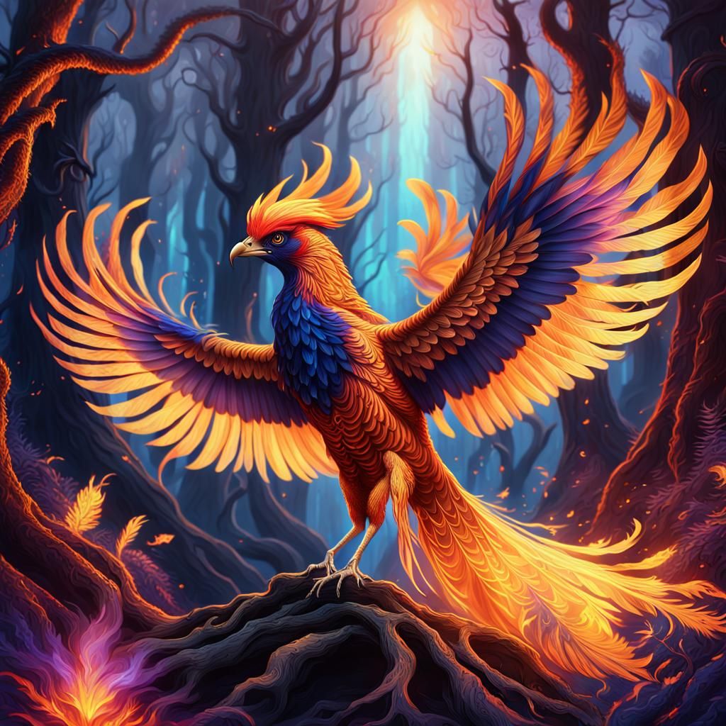 Phoenix Firebird Rising from Embers in Mystic Forest