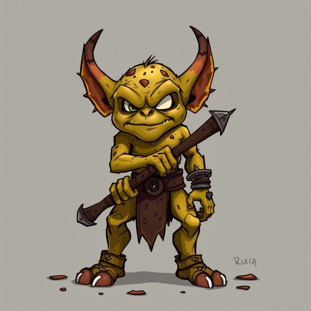 Whimsical Cartoon Goblin Warrior in Handcrafted Style