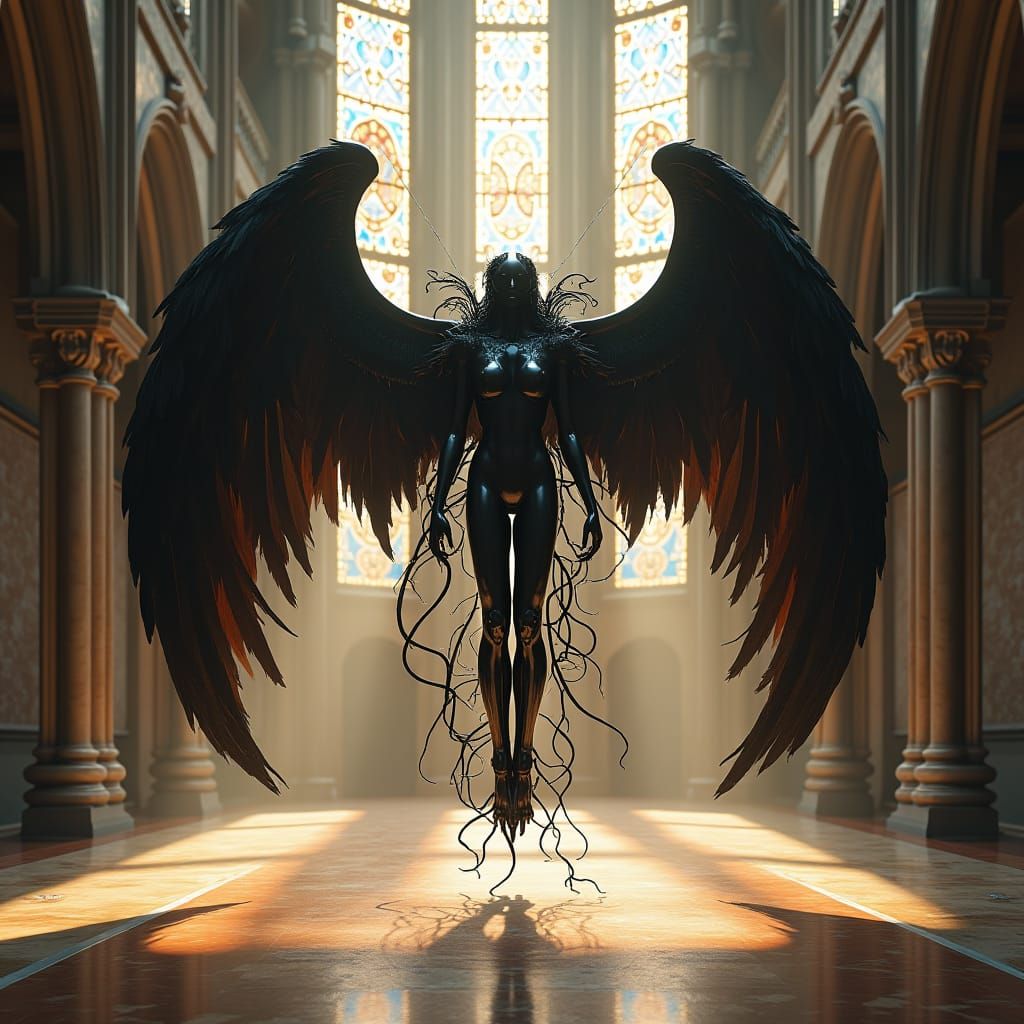 Winged Figure Sculpture in Gothic Church, Fantasy Art