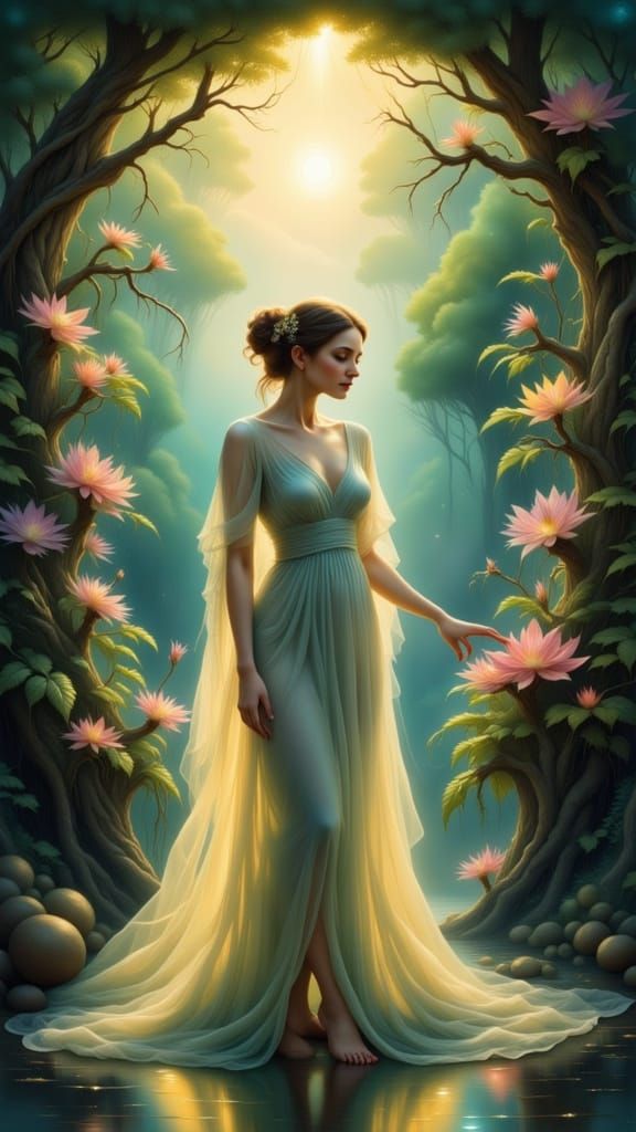 Ethereal Dreamscape with Gentle Goddess in Luminous Iconogra...