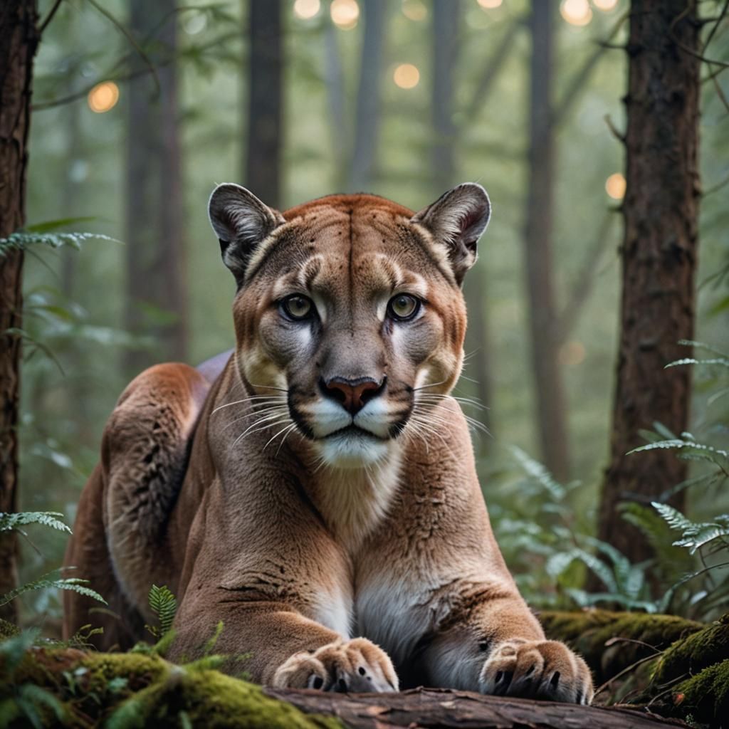 Cougar Portrait in Forest with Bokeh Lighting