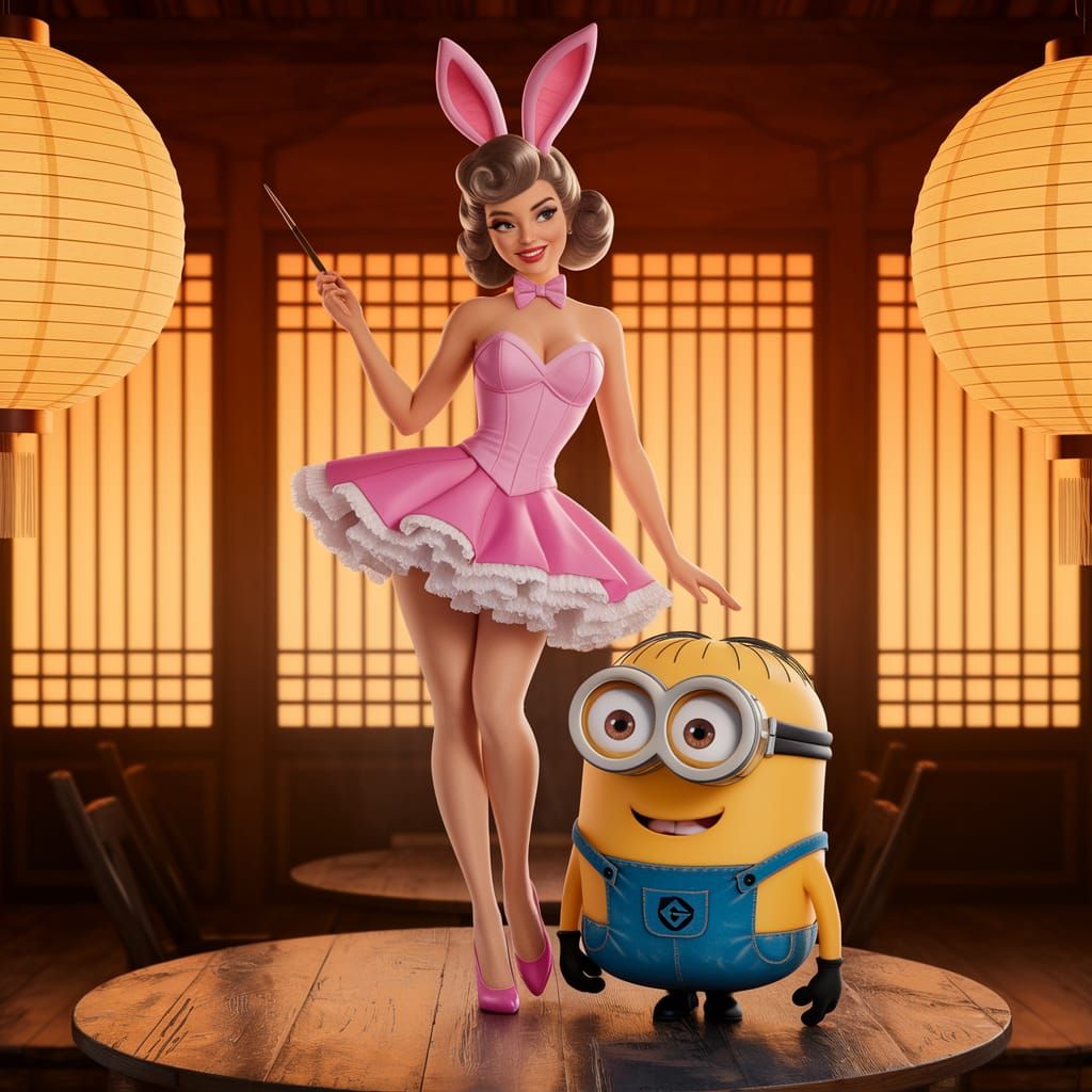 Vintage Pin-Up Girl Bunny Costume in Whimsical Oriental Teah...