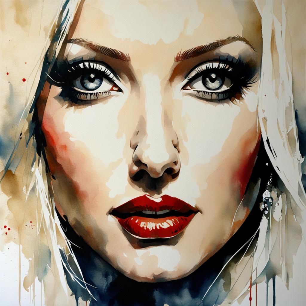 ""portrait of Christina Aguilera seductiv-expression, piercing striking eyes, art by Paul Lovering"