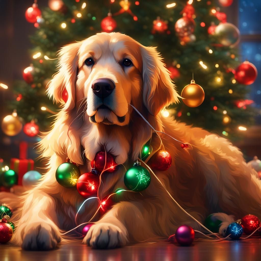 Festive Golden Retriever in Christmas Lights: 8K Art