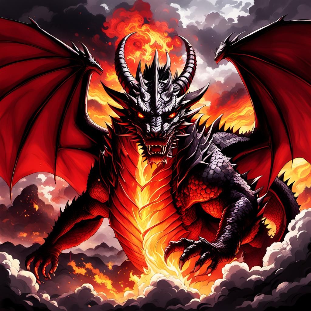 Fiery Red Dragon with Black Horns in Anime Style