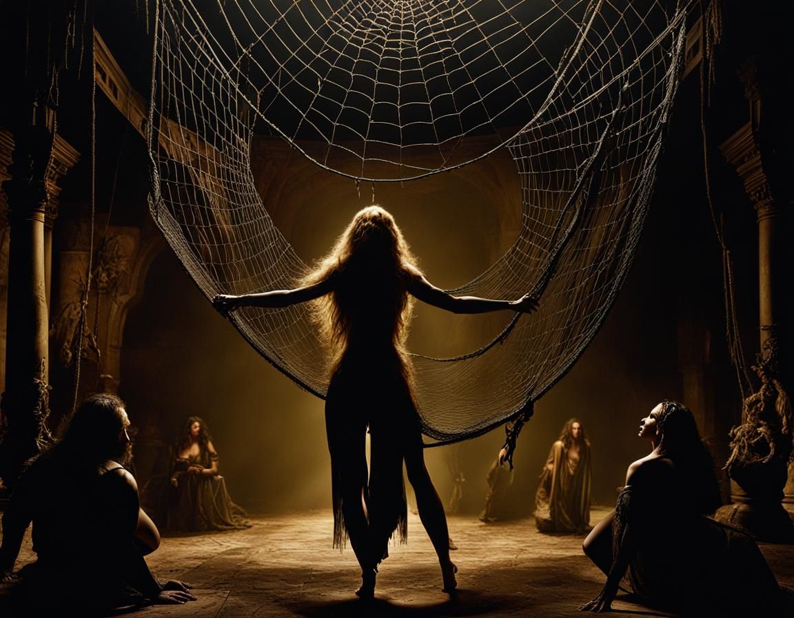 Woman Dancing Before Spider: Dark Fantasy Art