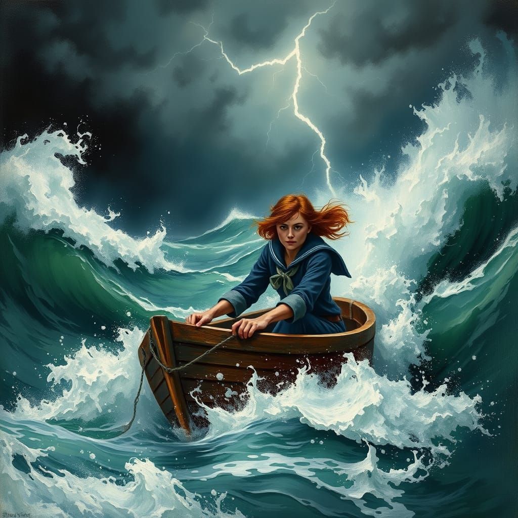 Sailor Woman Navigating Stormy Seas, Painterly Style