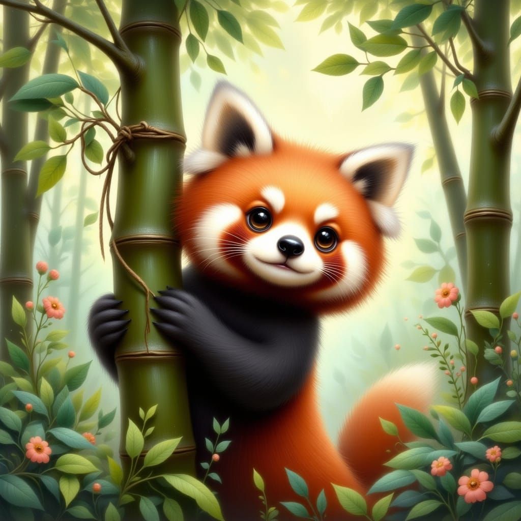 Whimsical Red Panda Peeking from Bamboo Forest