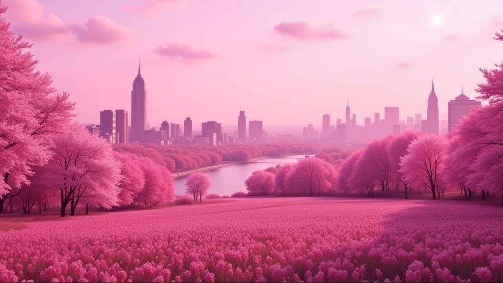 Pink-Hued Central Park: Dreamlike Concept Art