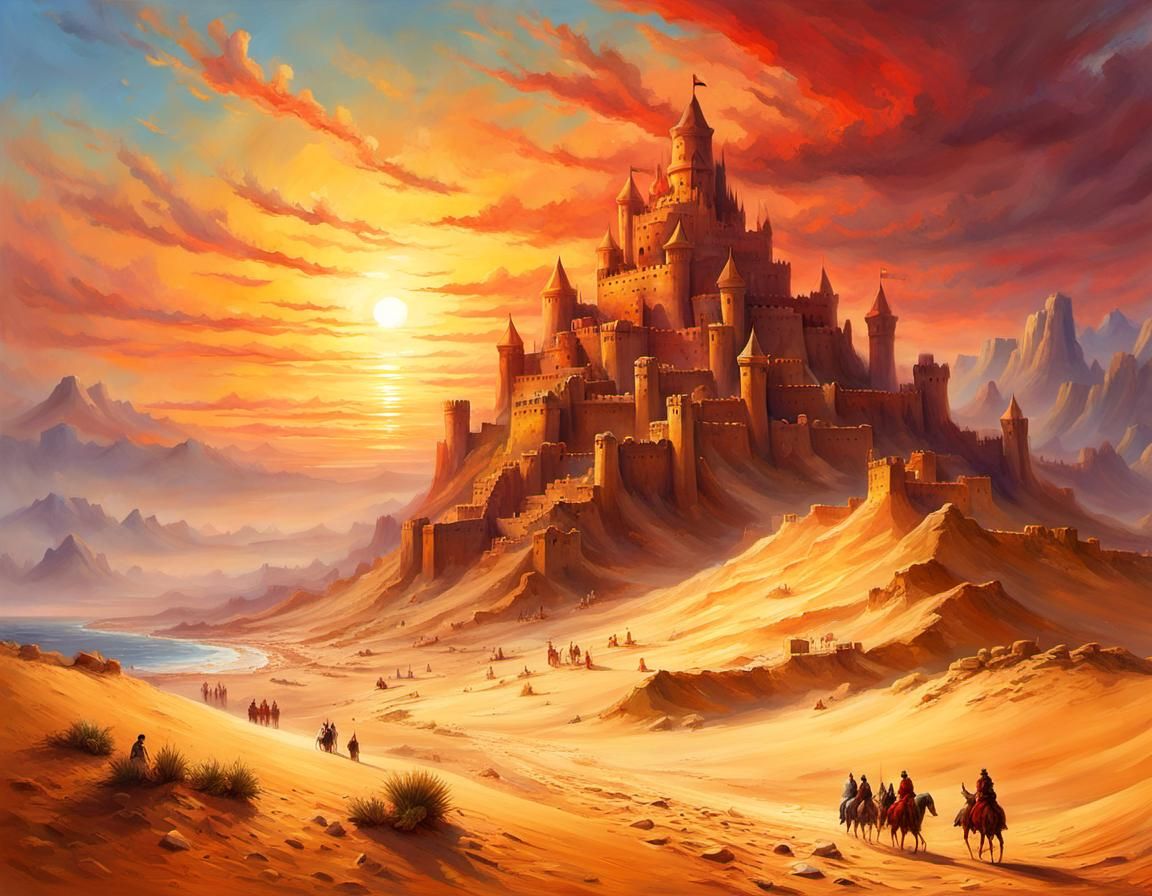 Medieval Sandcastle in Desert: A Romantic Illustration