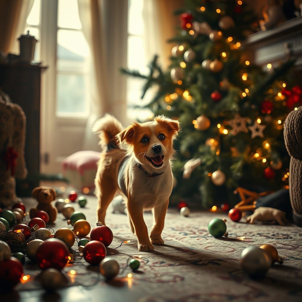 Playful Dog Surrounded by Christmas Chaos in Moody, Hyper-Re...