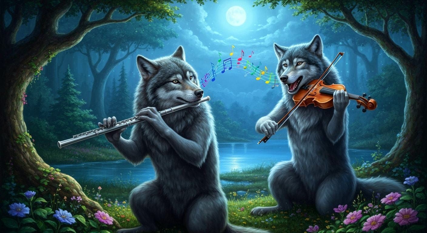 Enchanted Forest Wolves Play Music Under Moonlight