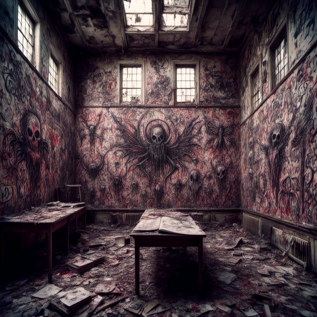 Hyperrealistic Macabre Satanic Drawings in Abandoned School
