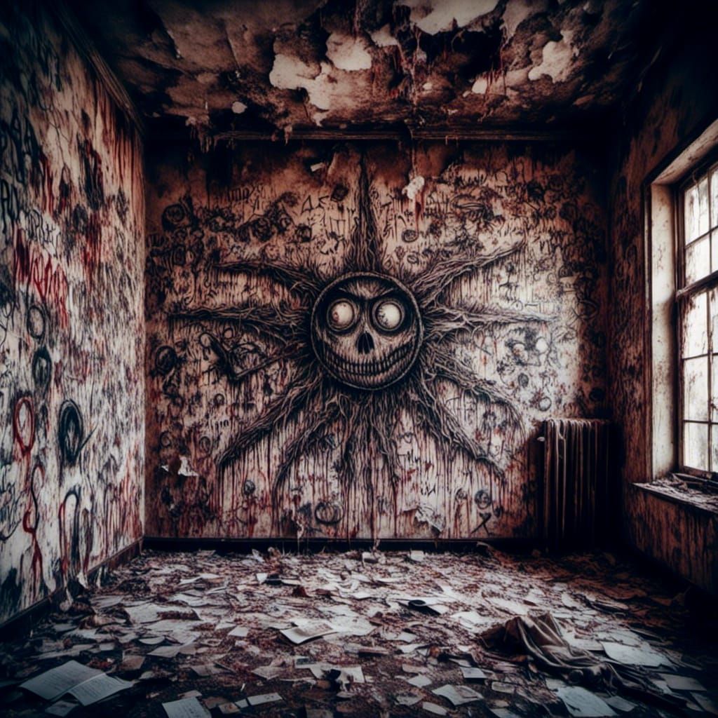 Macabre Satanic Drawings in Abandoned School, Hyperrealism