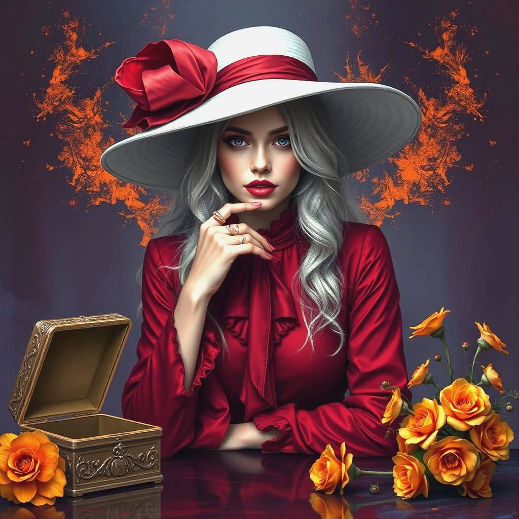 A minimalist canvas captures the elegance of a mysterious woman. Before her, a golden jewelry box glows softly on a dark...