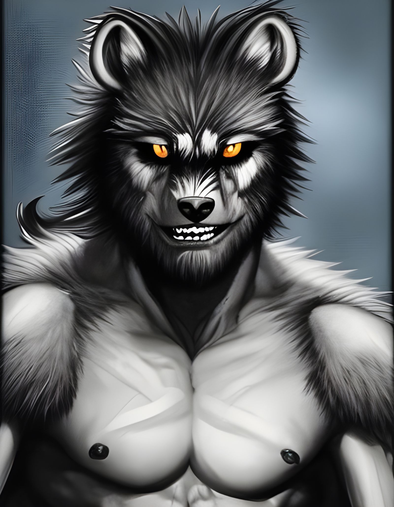 Fuzzy Werewolf Lycanthrope Portrait in Razorpunk Style