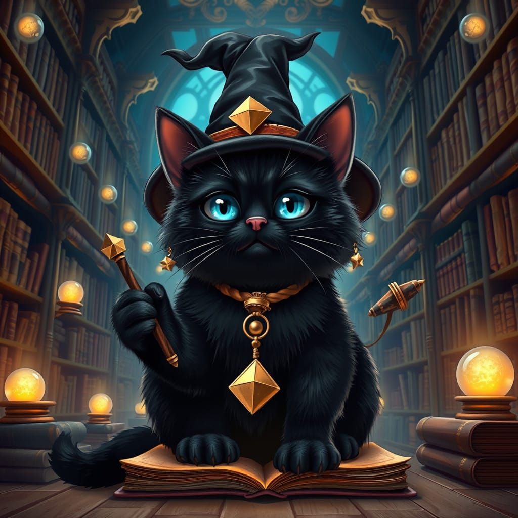 Mystical Black Cat Enchantress in Ancient Library with Wizar...