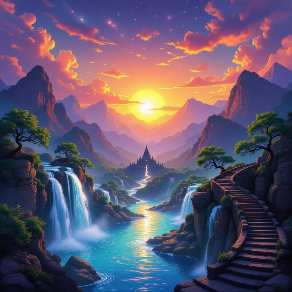 Dreamlike Sunset Over Turquoise Waterfalls