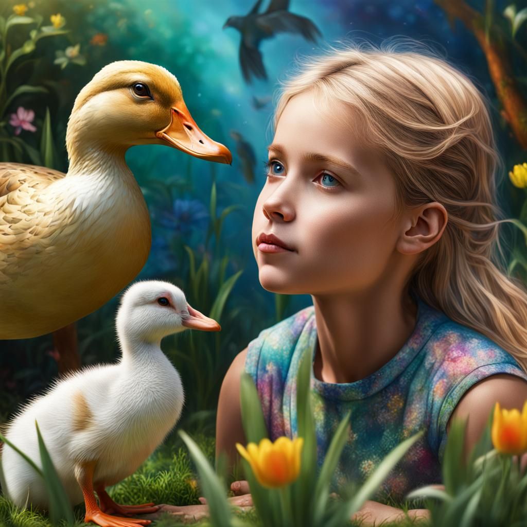 Colorful Duck, Rabbit, and Child in Garden