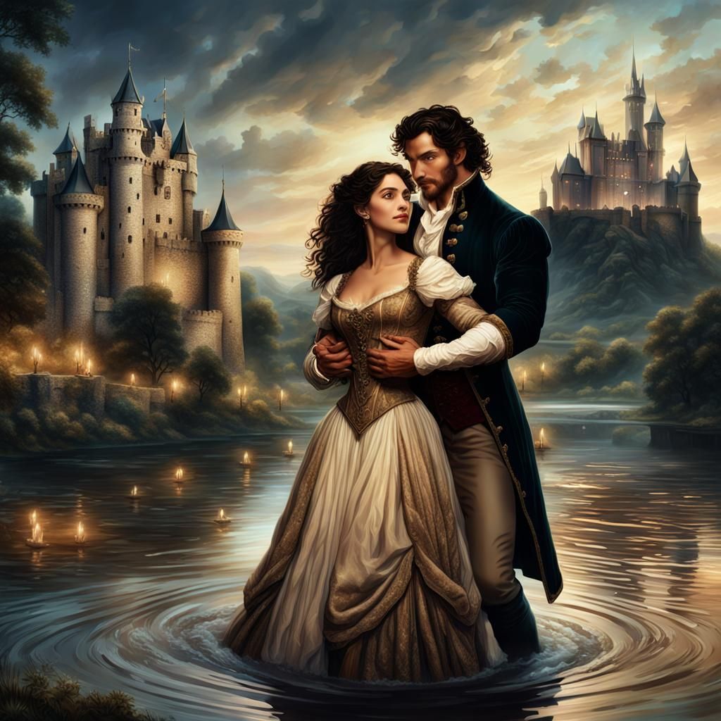 Regency Couple by River in Fantasy Landscape