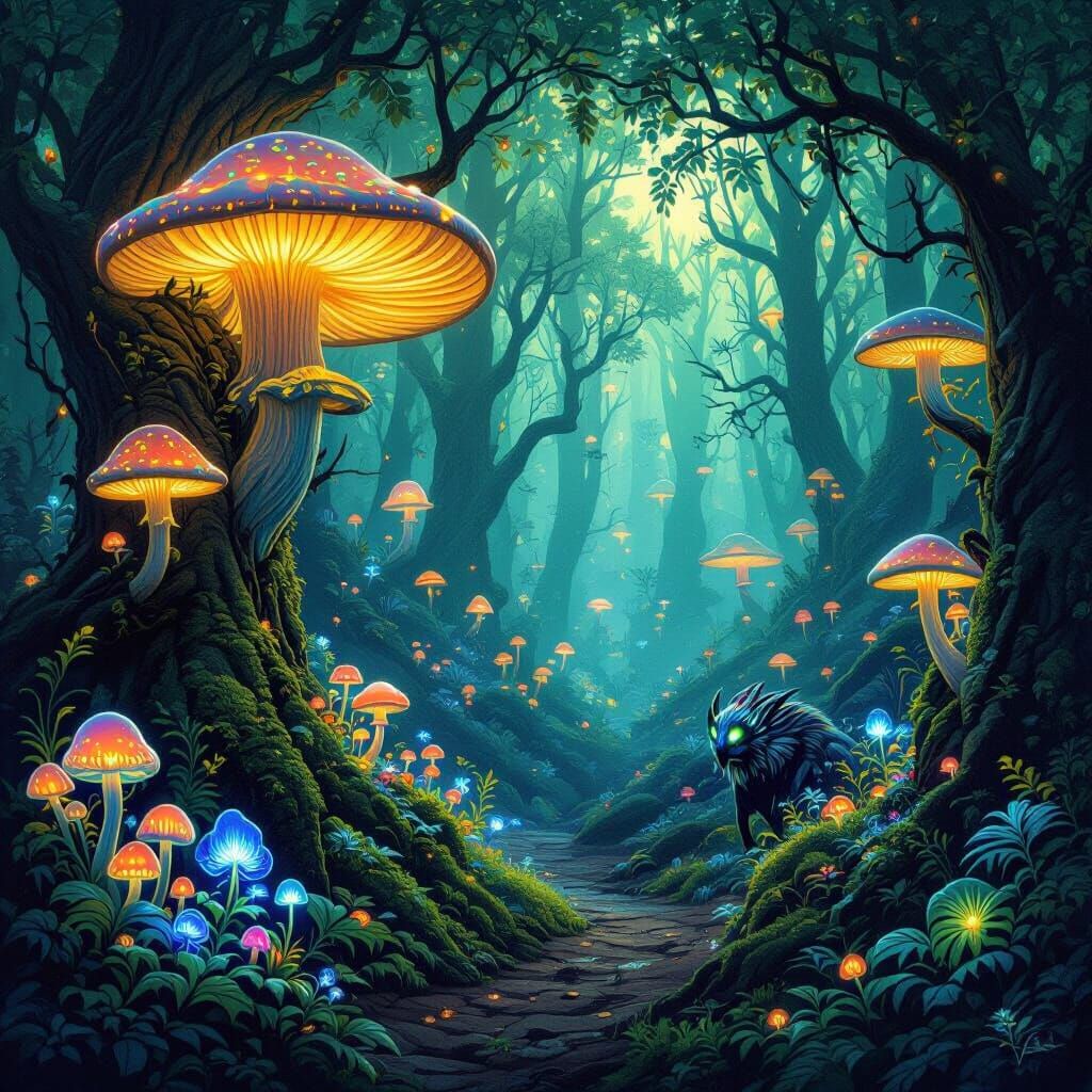Glowing Mushrooms in a Bioluminescent Fantasy Forest