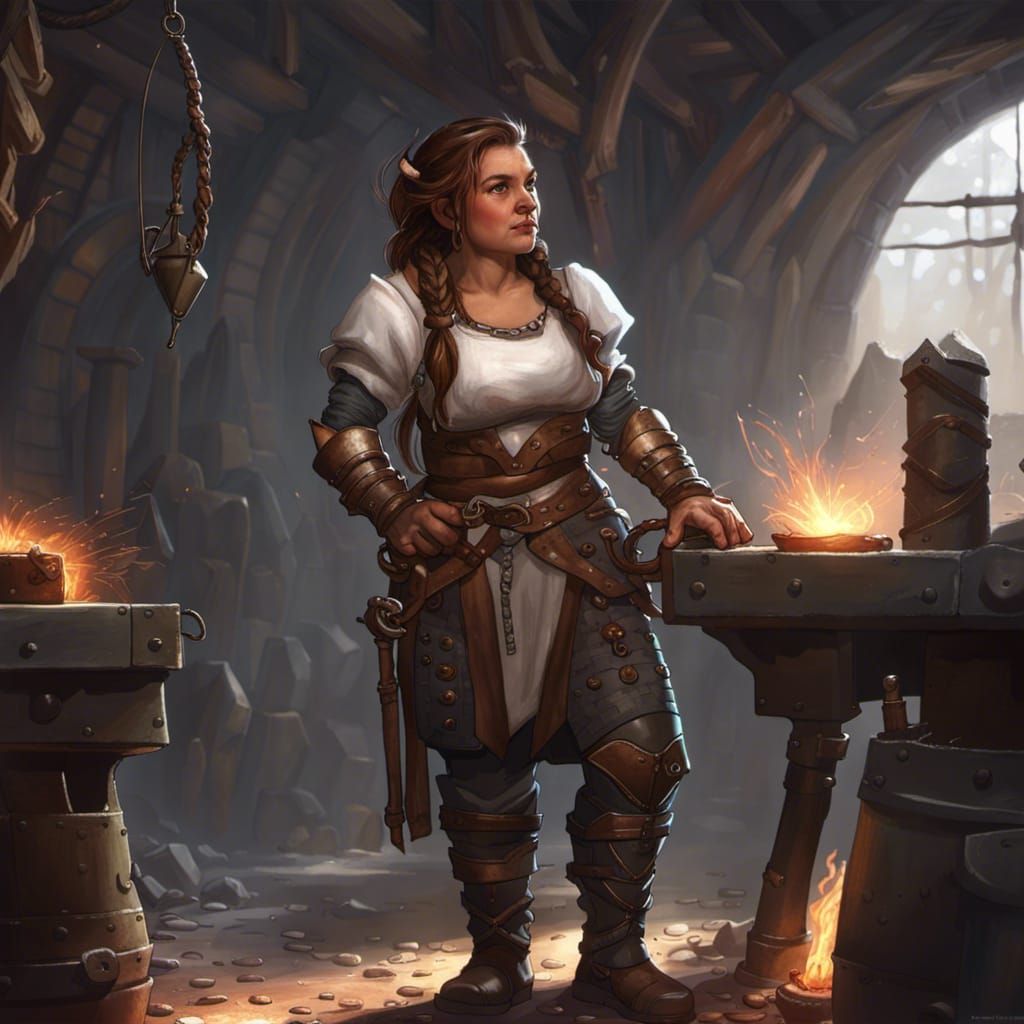 soft mid-20s female dwarf with long partially braided brown hair standing in a forge happily looking at her work. White ...