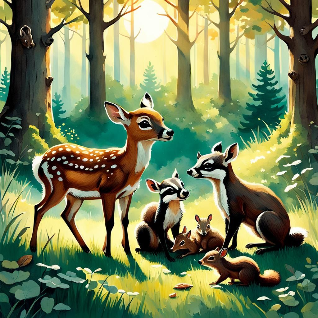 Woodland Friends Play in Storybook Illustration