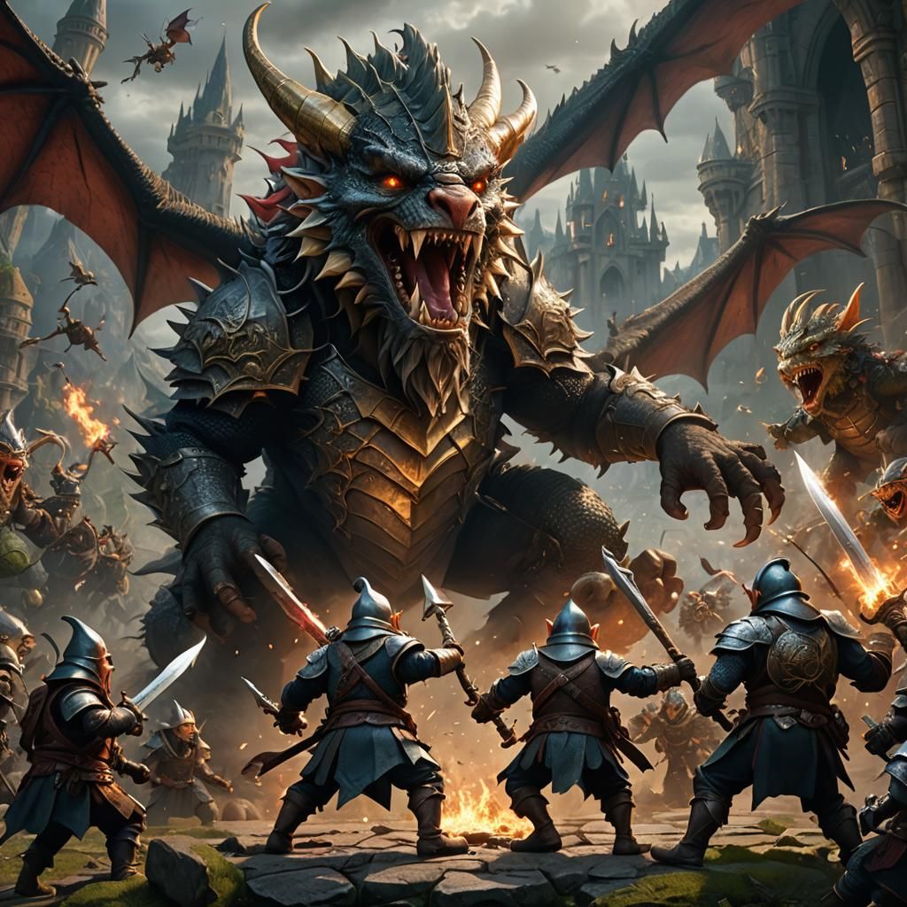 Gnome Knights Battle Dragon in Epic Digital Painting